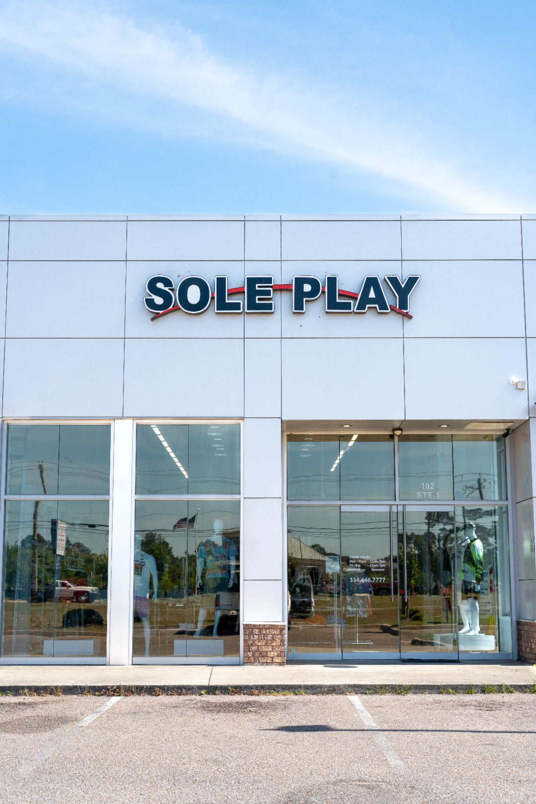 Sole Play Bama storefront — vertical view from parking lot
