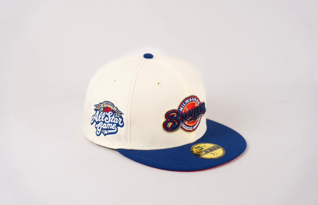 1 per Person Custom New Era 59FIFTY Milwaukee Brewers 2002 All Star Game Fitted Hat 7 1 8 Chrome White Scarlet Dark Royal
